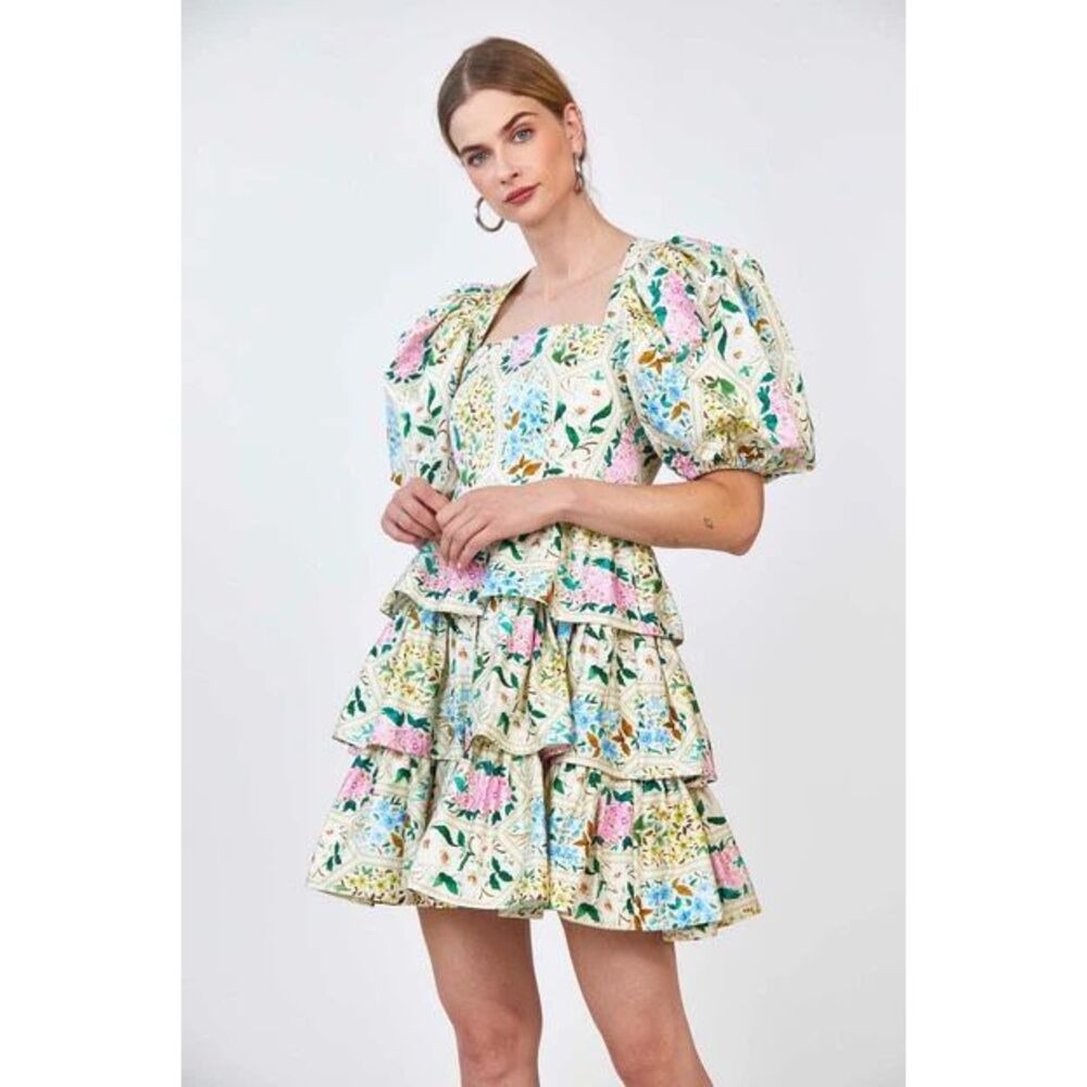 Hunter Bell Porter Tiered Ruffle Mini Dress in Floral Tile Size 4